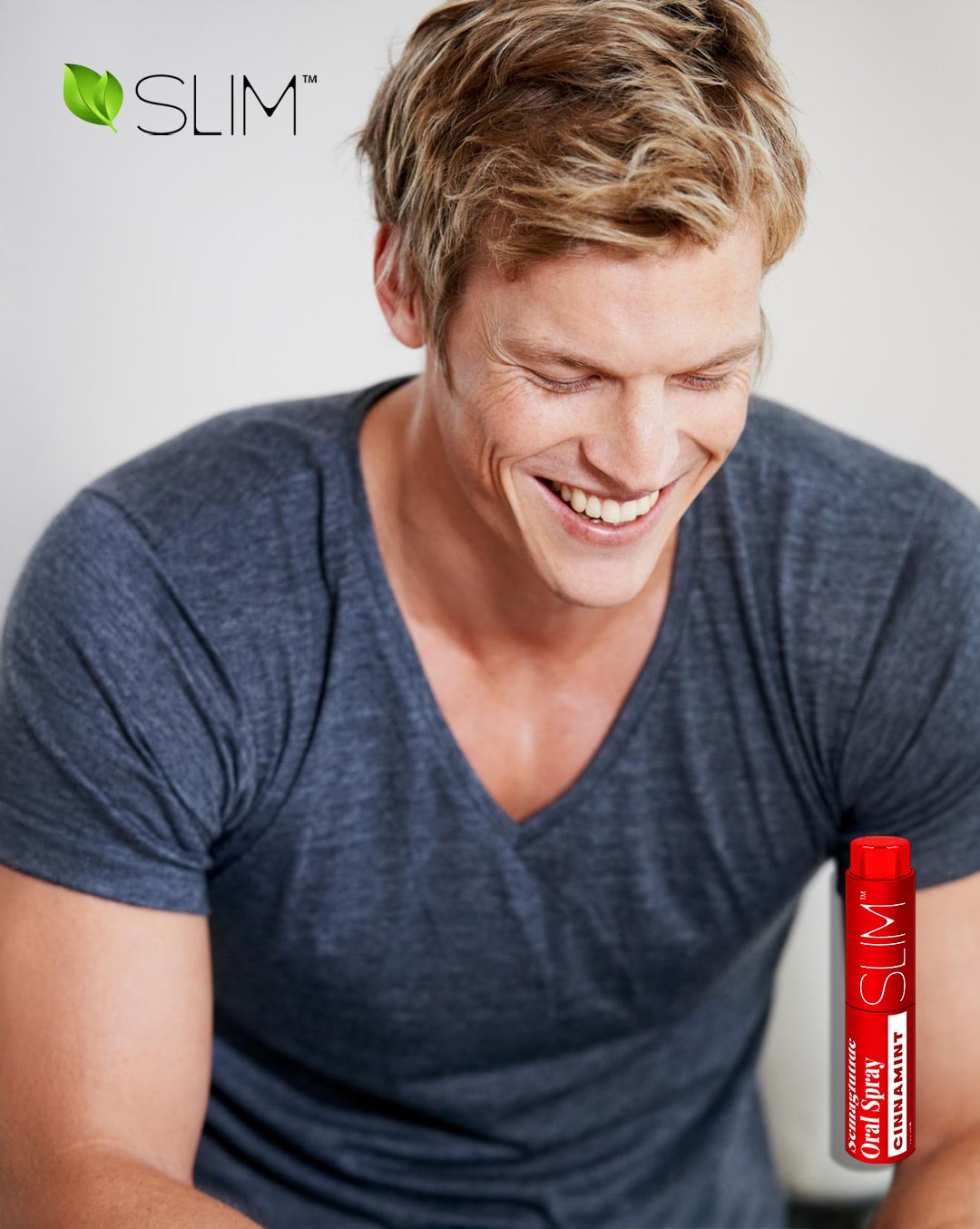 Handsome man with head down smiling and Slim spray featured in bottom right corner