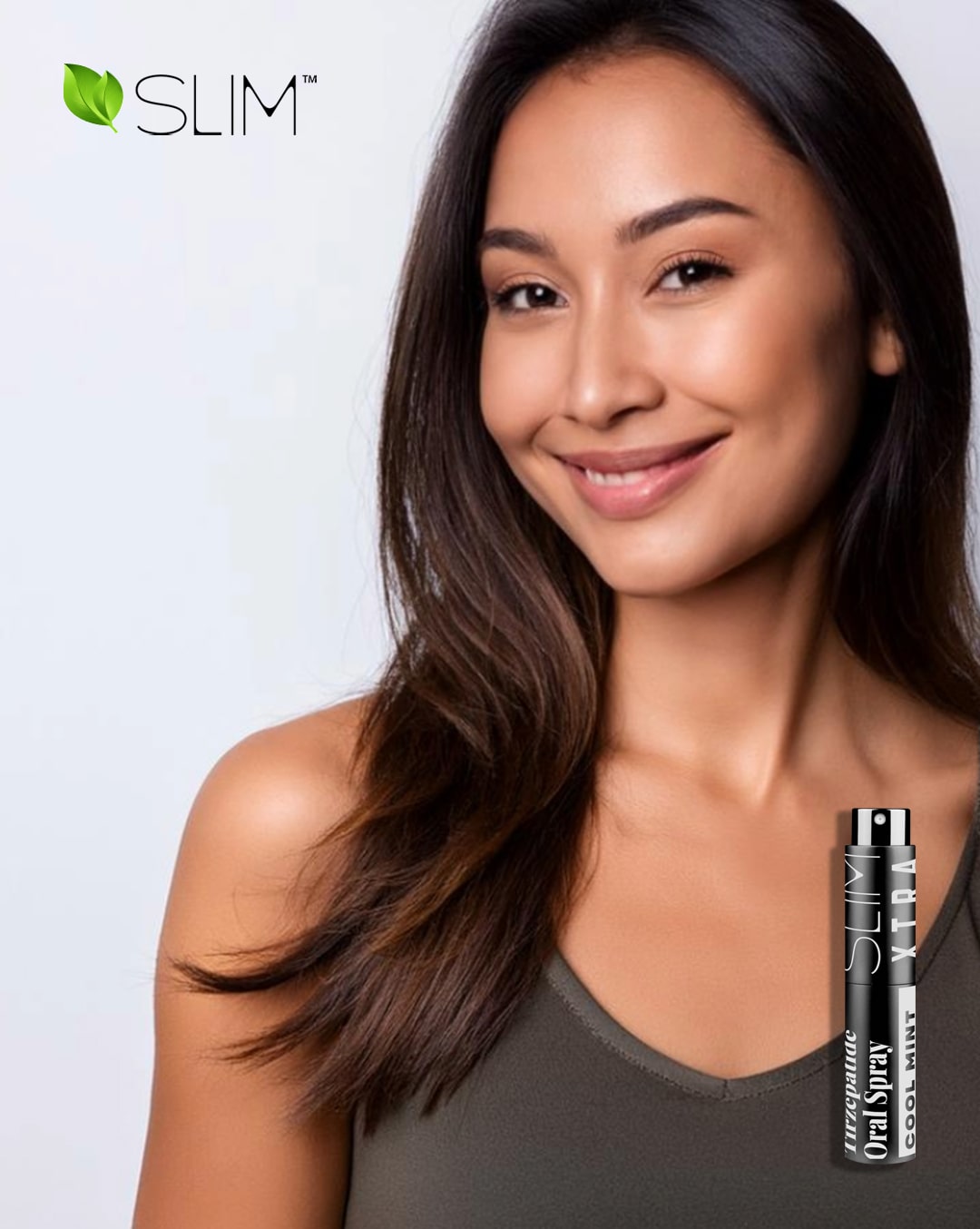 Pretty woman facing forward smiling and Slim spray featured in bottom right corner